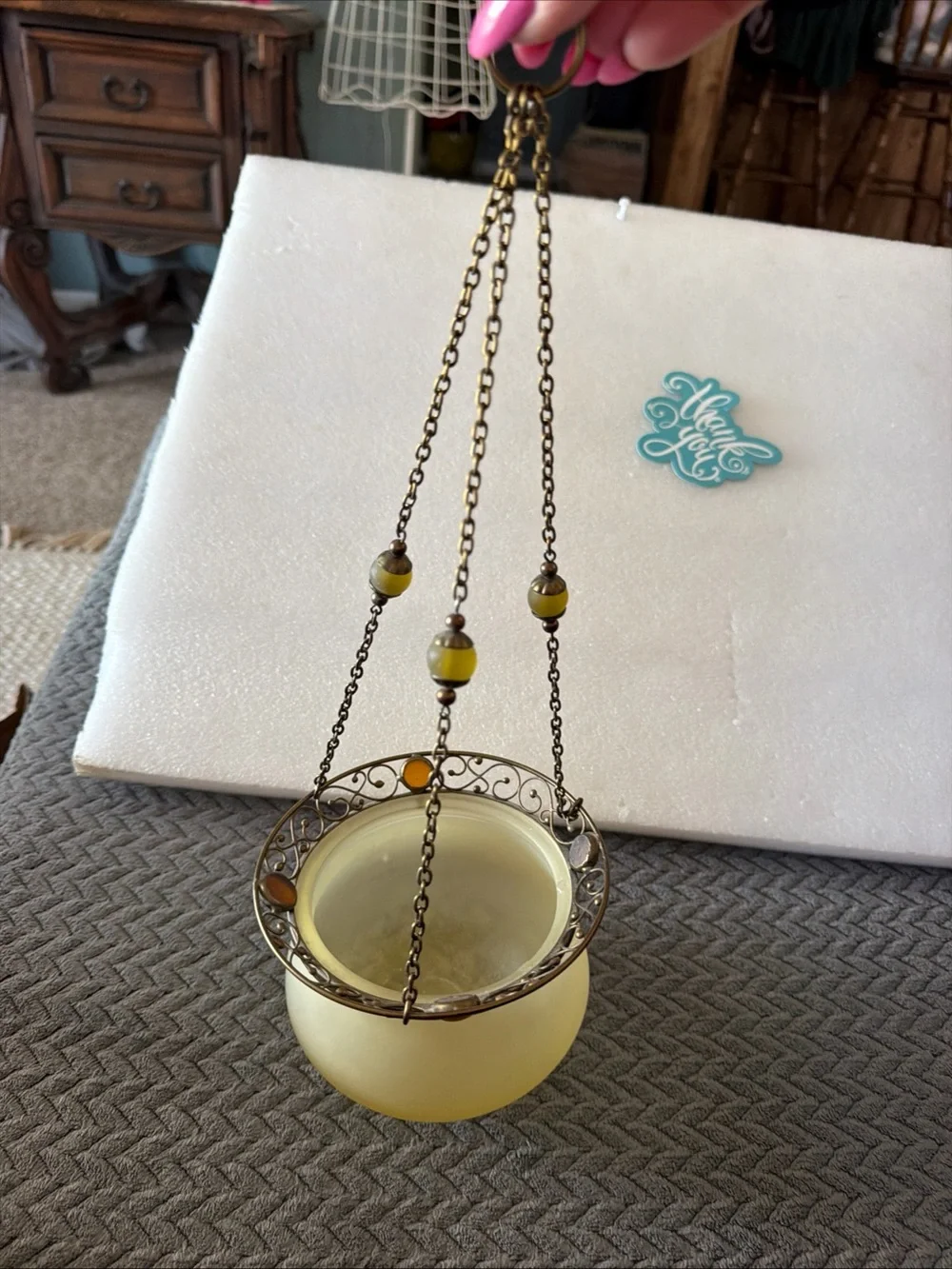 PartyLite Yellow Frosted Glass Hanging Lantern with Antique Brass Chain & stones